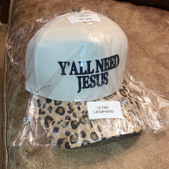 Accessories - Y'ALL NEED JESUS Leopard Brim  Baseball Cap - White